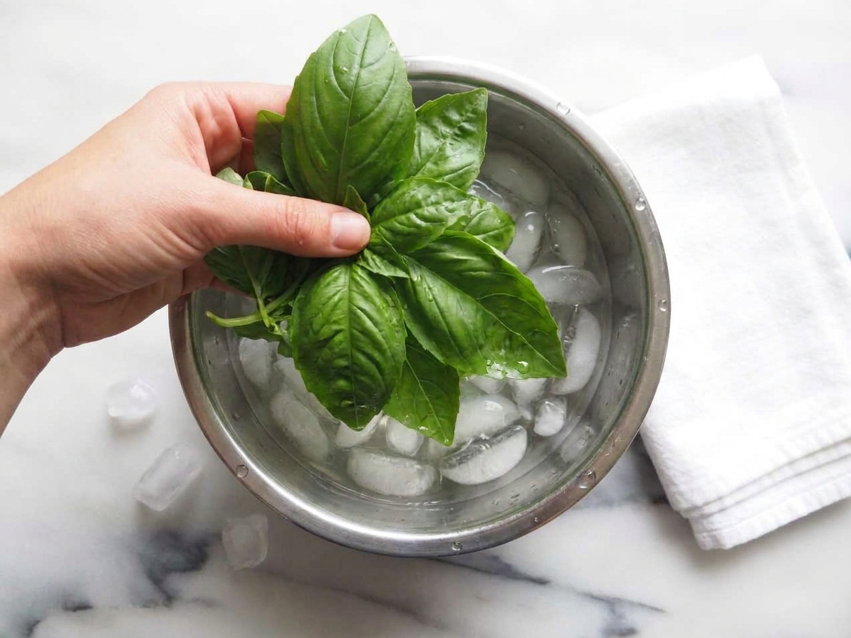 Fresh basil leaves being lifted from an ice bath in a metal bowl on a kitchen counter, water droplets visible