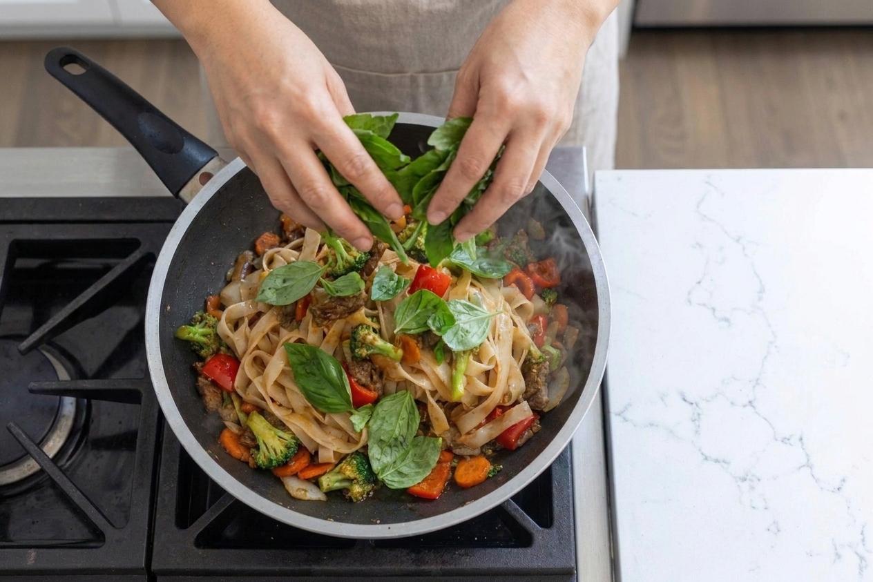 Fresh basil leaves being tossed into hot rice noodles in a skillet right after the heat is turned off