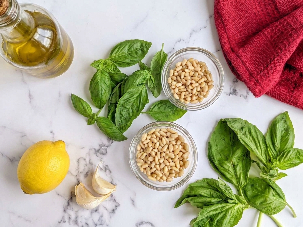 Fresh basil leaves, peeled garlic cloves, lemon, olive oil, and a small bowl of pine nuts arranged on a kitchen counter in bright natural light