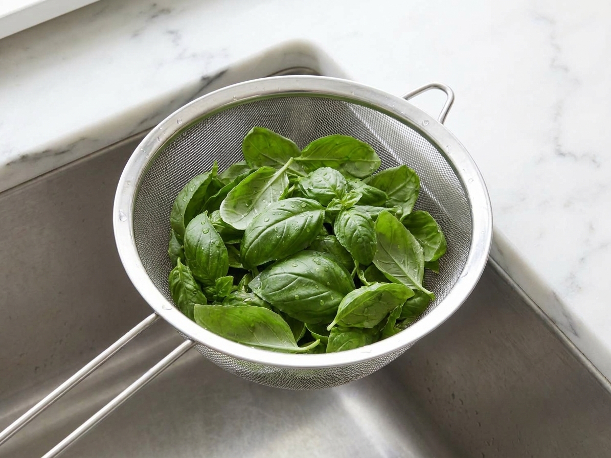 Fresh basil leaves rinsed and draining in a metal colander on a kitchen sink