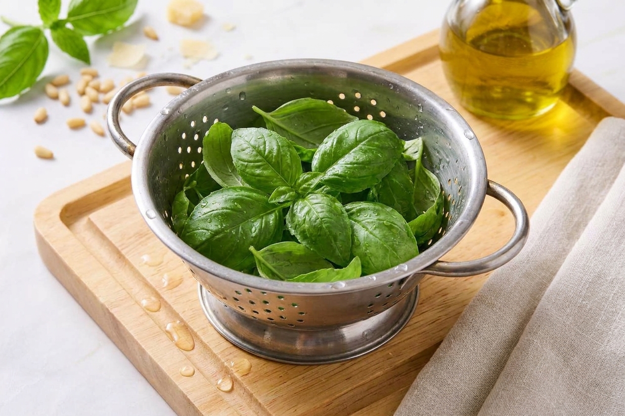 Fresh basil leaves rinsed and drying in a small colander on a counter
