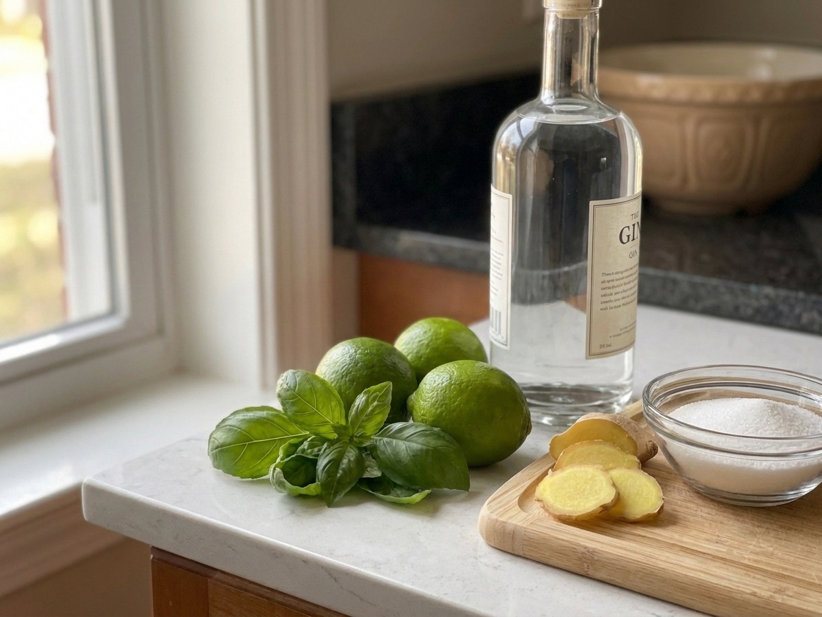 Fresh basil, limes, sliced ginger, sugar, and a bottle of gin arranged on a clean kitchen counter in natural light