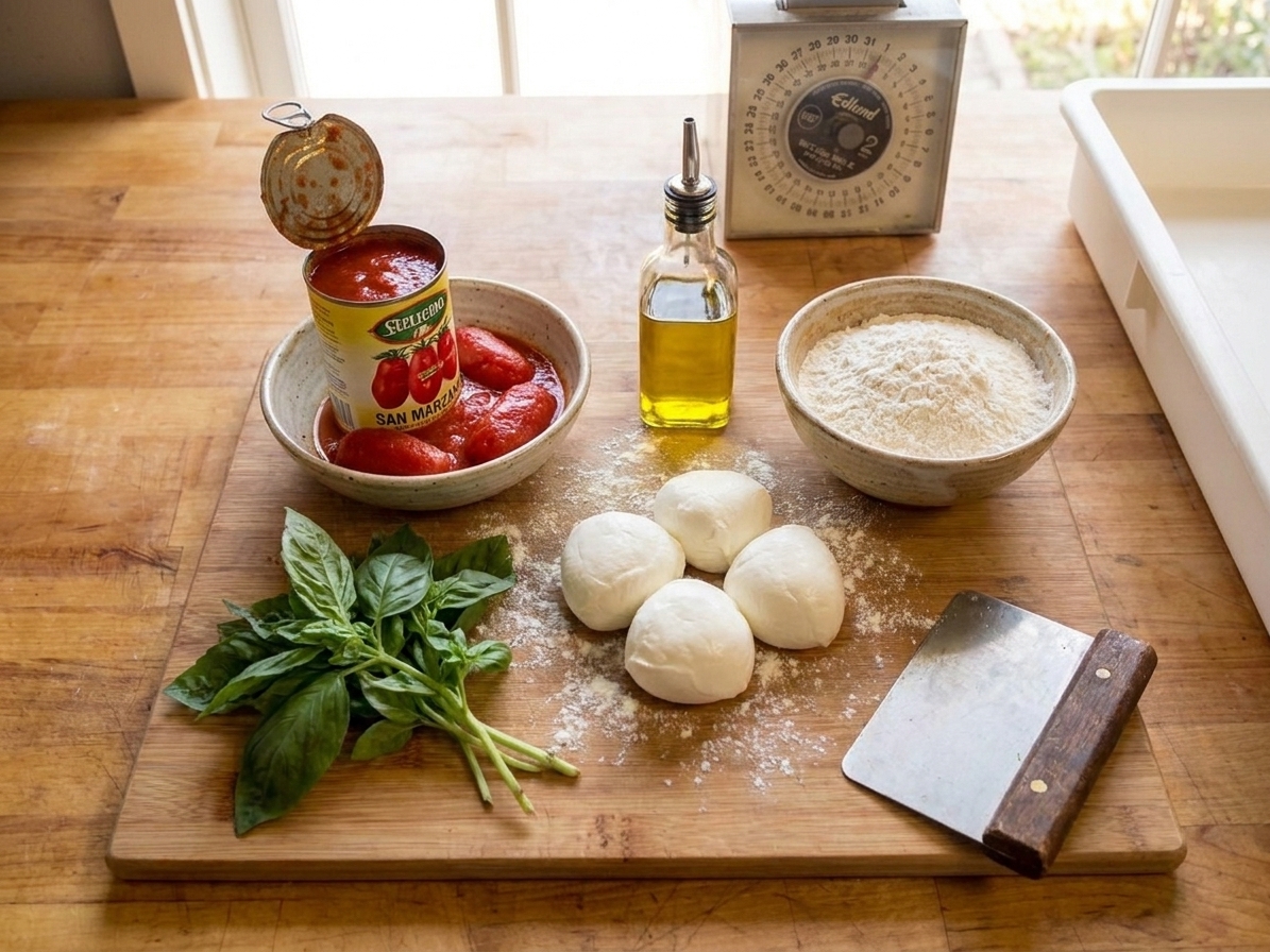 Fresh basil, mozzarella, canned tomatoes, olive oil, and a bowl of flour arranged neatly on a wooden cutting board