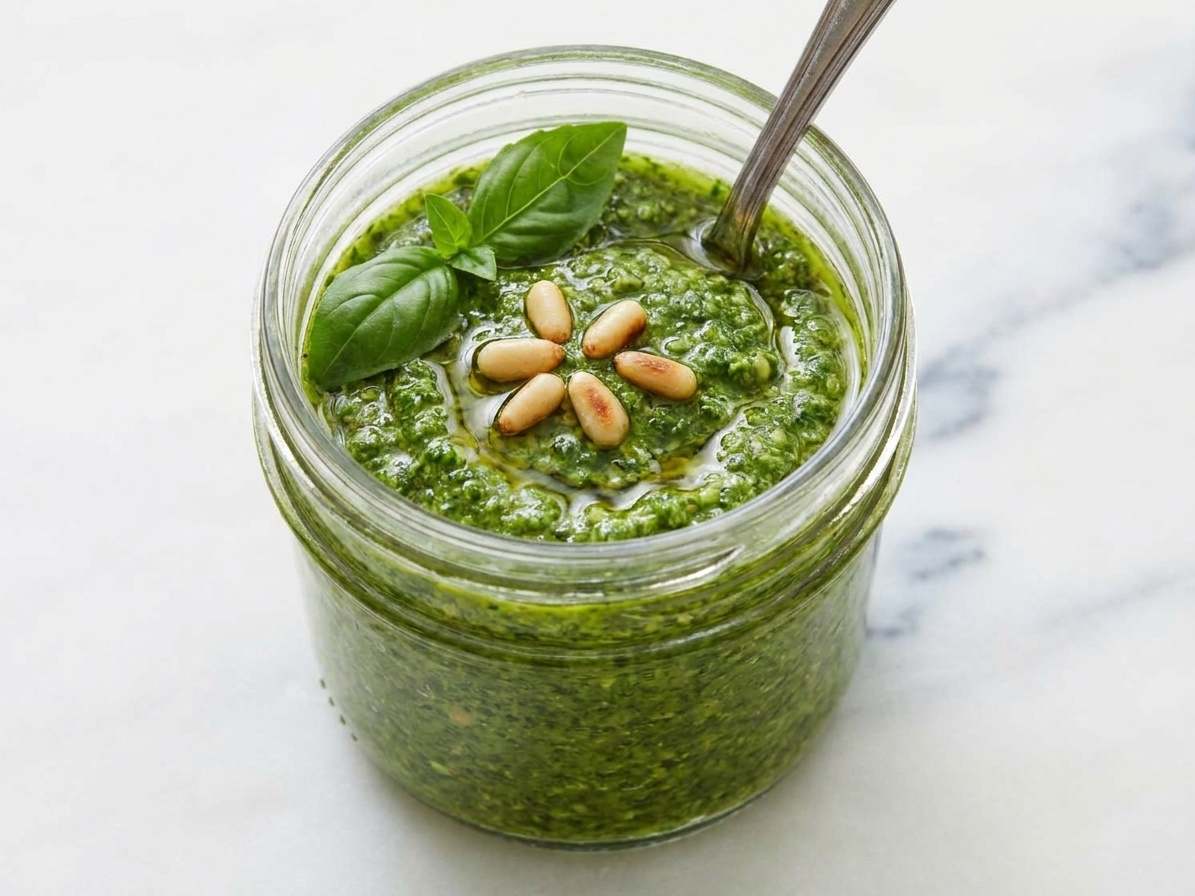 Fresh basil, pine nuts, grated Parmesan, garlic, lemon, salt, pepper, and olive oil