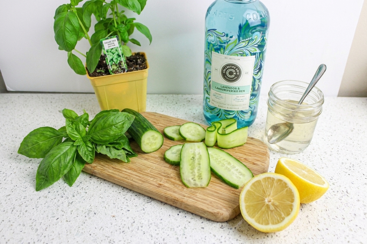 Fresh basil, sliced cucumber, a lemon half, a bottle of gin, and a small jar of simple syrup arranged on a clean kitchen counter