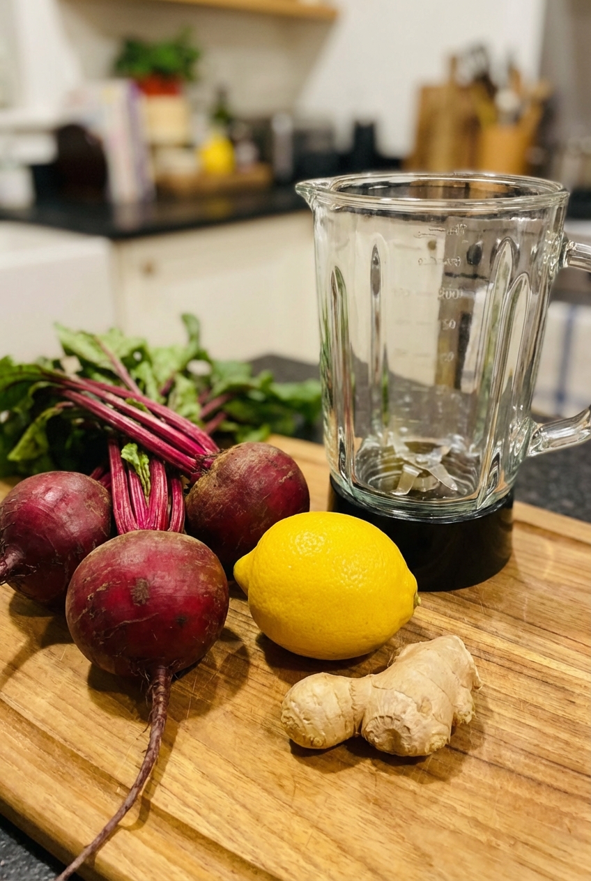 Fresh beets, a lemon, and a knob of ginger arranged on a cutting board next to a blender jar