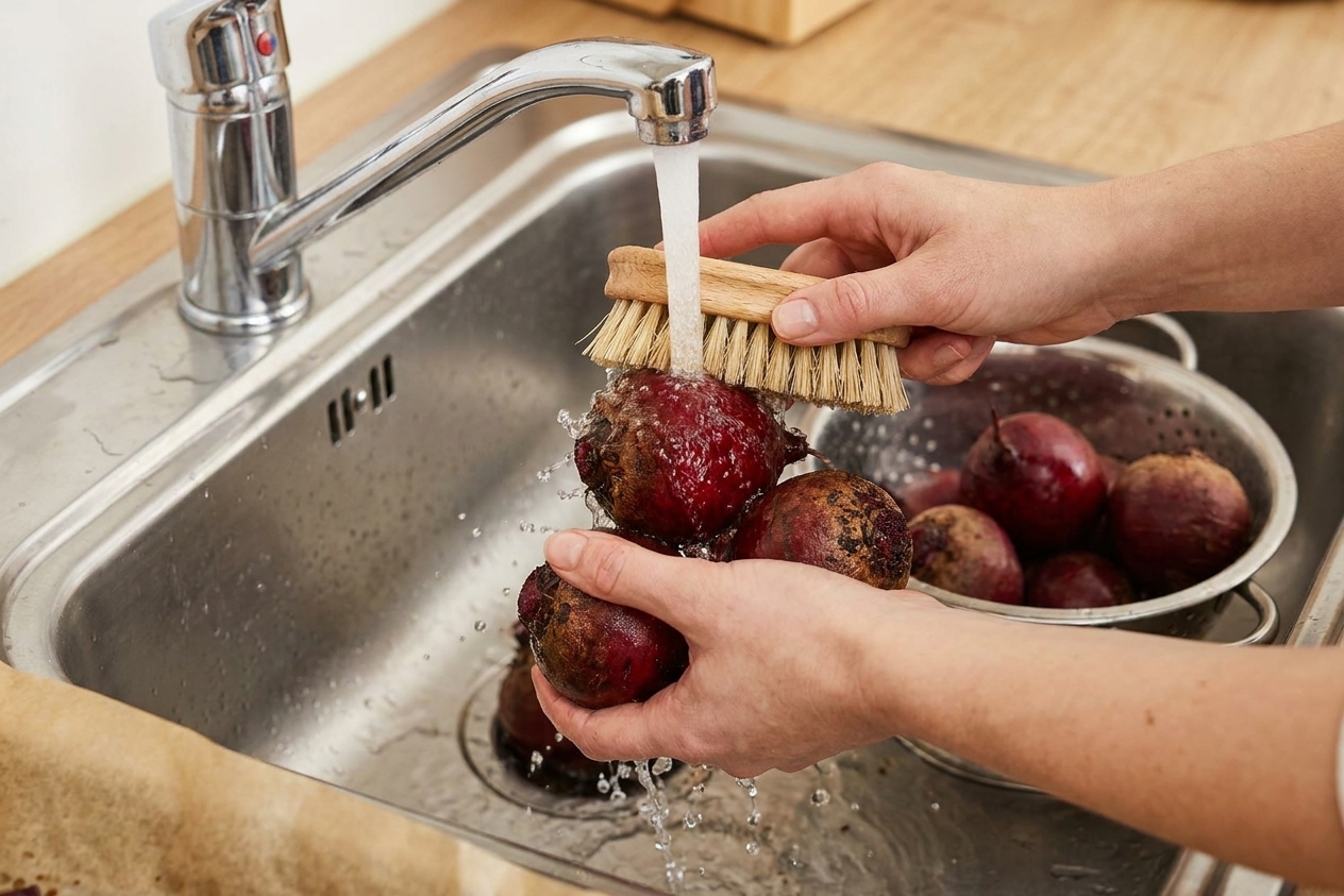 Fresh beets being scrubbed under running water in a kitchen sink with a vegetable brush nearby