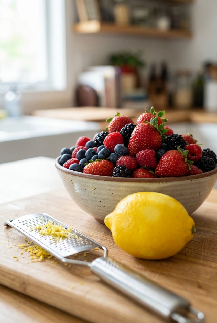 Fresh berries in a bowl with a lemon and a microplane on a cutting board