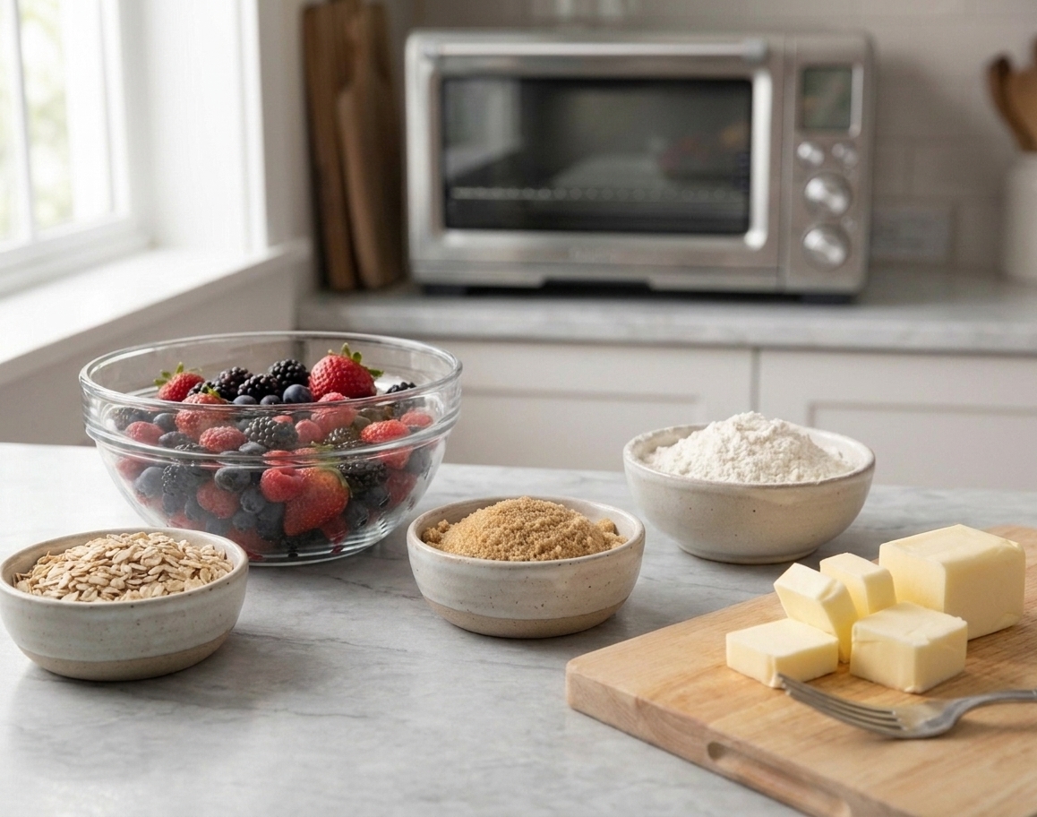 Fresh berries, rolled oats, brown sugar, flour, and butter measured out on a kitchen counter ready for making crumble