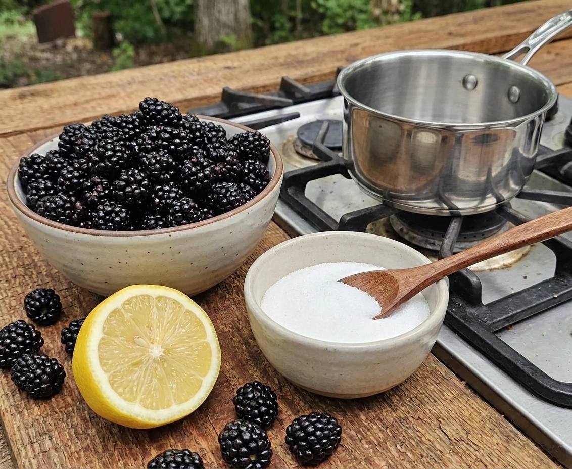 Fresh blackberries, a halved lemon, and a bowl of sugar arranged on a kitchen counter