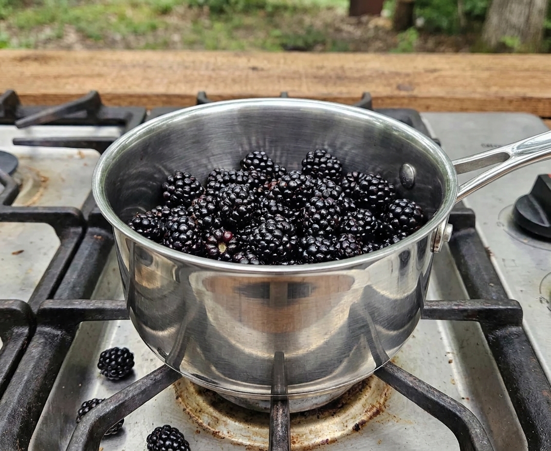 Fresh blackberries in a stainless steel saucepan on a stovetop before cooking