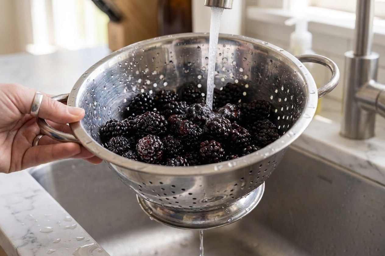 Fresh blackberries rinsed in a metal colander over a sink, water droplets visible on the fruit