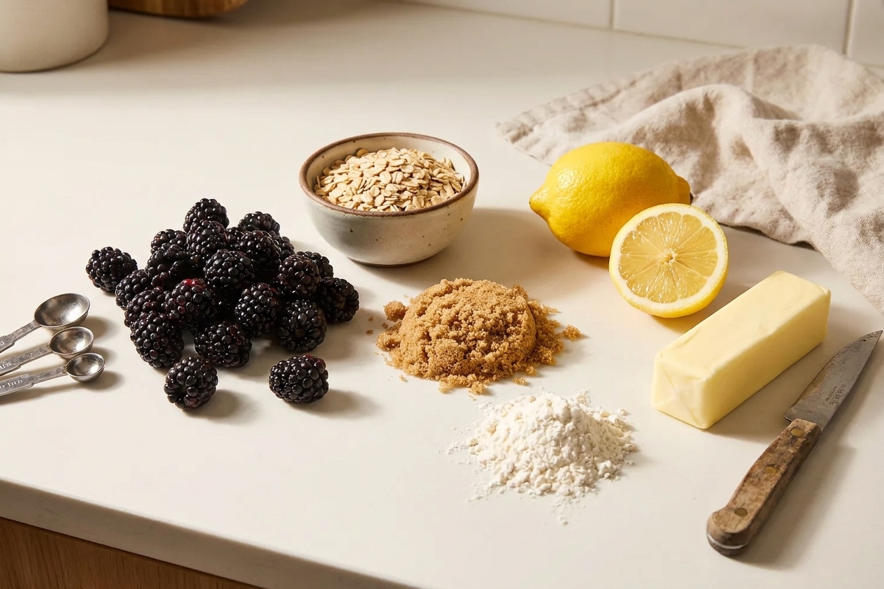 Fresh blackberries, rolled oats, brown sugar, flour, lemon, and butter arranged on a clean kitchen counter in natural light