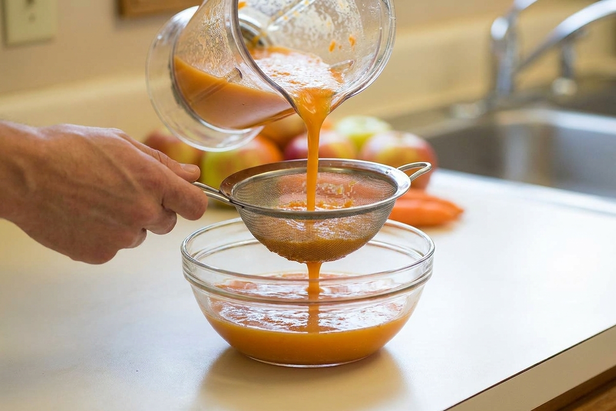 Fresh blended juice being poured through a fine-mesh strainer into a glass bowl on a kitchen counter
