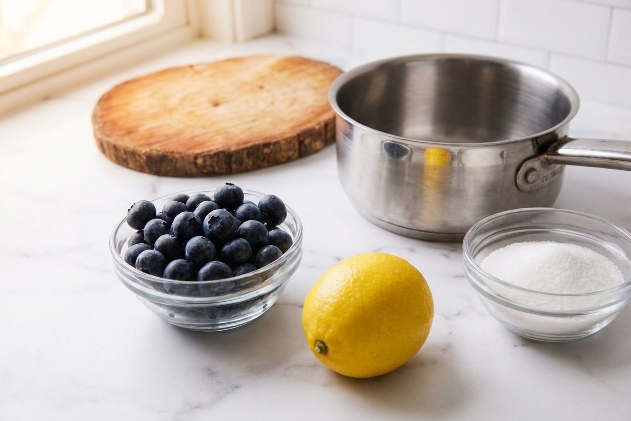 Fresh blueberries, a lemon, a small bowl of sugar, and a saucepan arranged on a clean kitchen counter with warm natural light