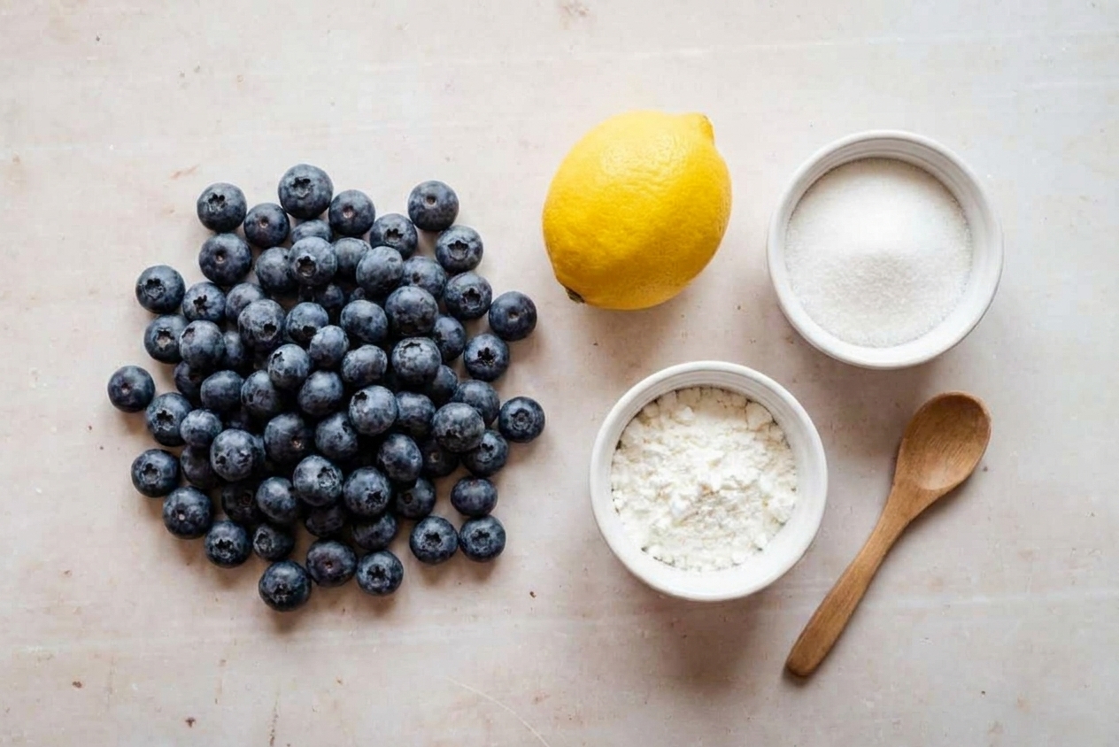 Fresh blueberries, a lemon, sugar, and a small bowl of cornstarch arranged on a clean kitchen counter, ready for cooking