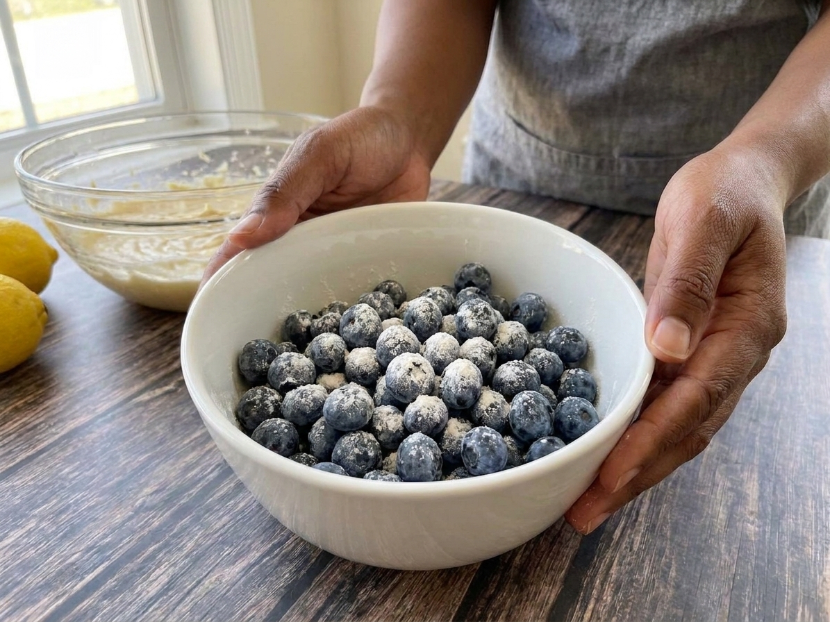Fresh blueberries in a bowl lightly coated with flour, ready to be folded into cake batter