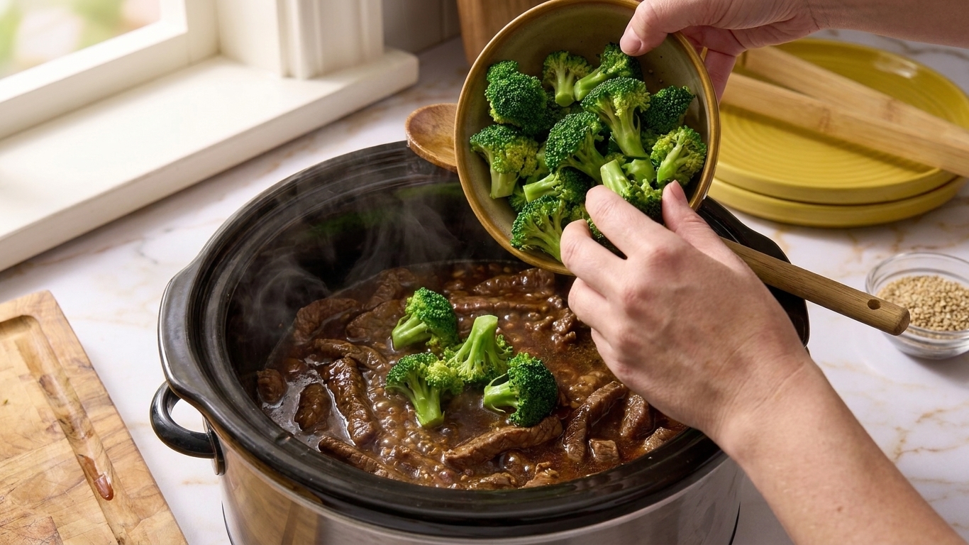Fresh broccoli florets being added into a slow cooker with simmering beef and sauce, overhead kitchen photo
