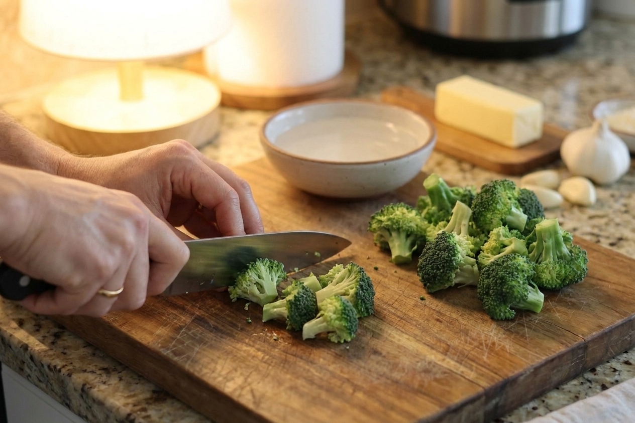 Fresh broccoli florets being cut into bite-size pieces on a wooden cutting board with a chef’s knife on a home kitchen counter