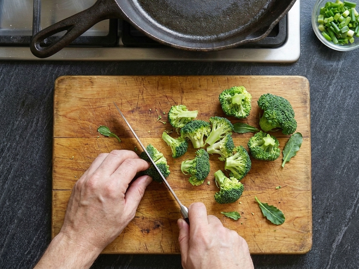 Fresh broccoli florets being cut into bite-size pieces on a wooden cutting board