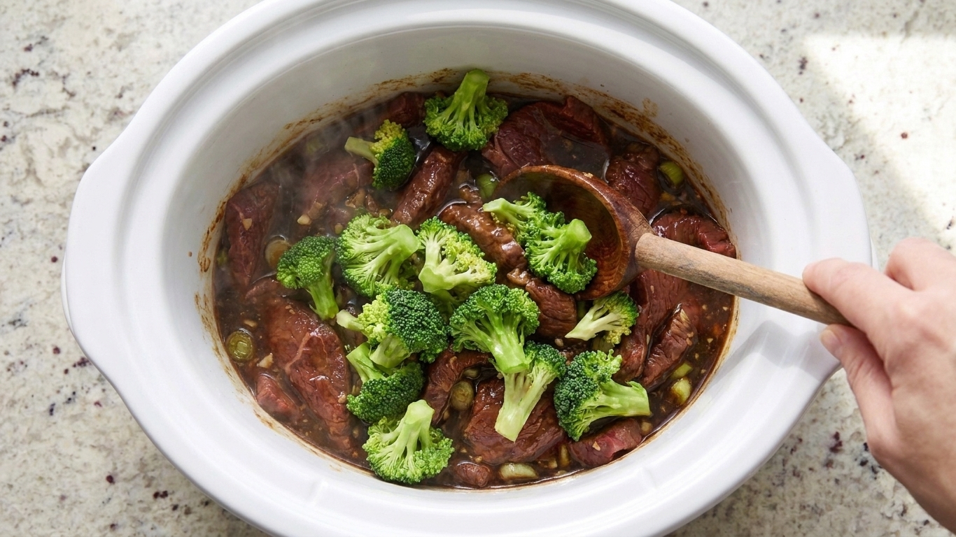 Fresh broccoli florets being stirred into the slow cooker with cooked beef and thickened sauce