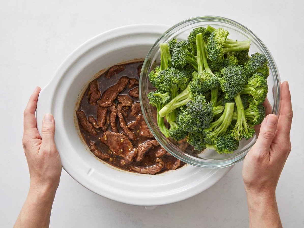 Fresh broccoli florets being tipped into a slow cooker filled with sliced beef and a brown garlic ginger sauce, seen from above