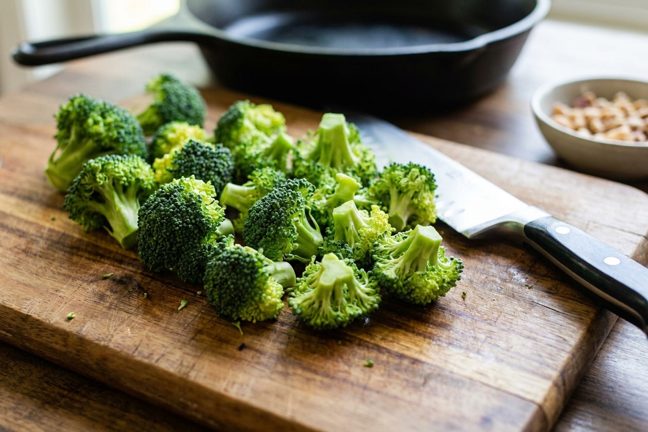 Fresh broccoli florets chopped into small bite-size pieces on a wooden cutting board with a chef’s knife