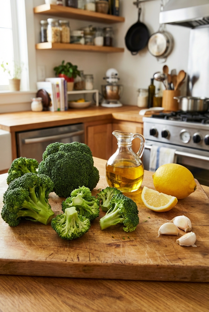 Fresh broccoli florets on a cutting board with olive oil, lemon, and garlic nearby in a home kitchen