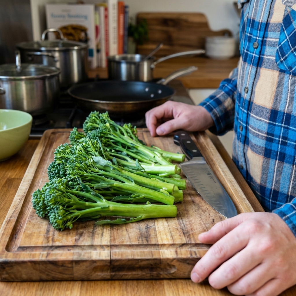 Fresh broccolini bunches on a wooden cutting board with a chef's knife nearby