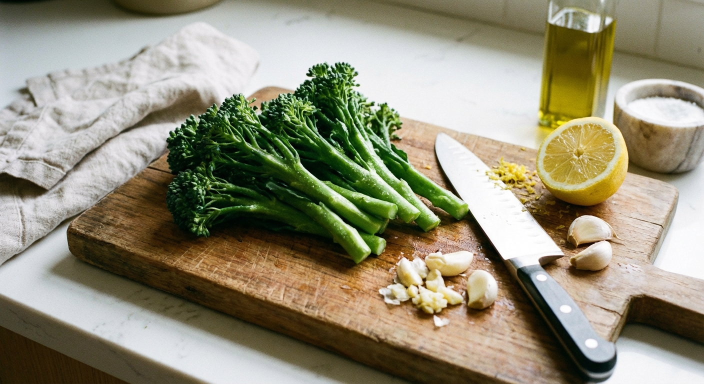 Fresh broccolini on a cutting board with a knife, garlic cloves, and a lemon ready to be prepped