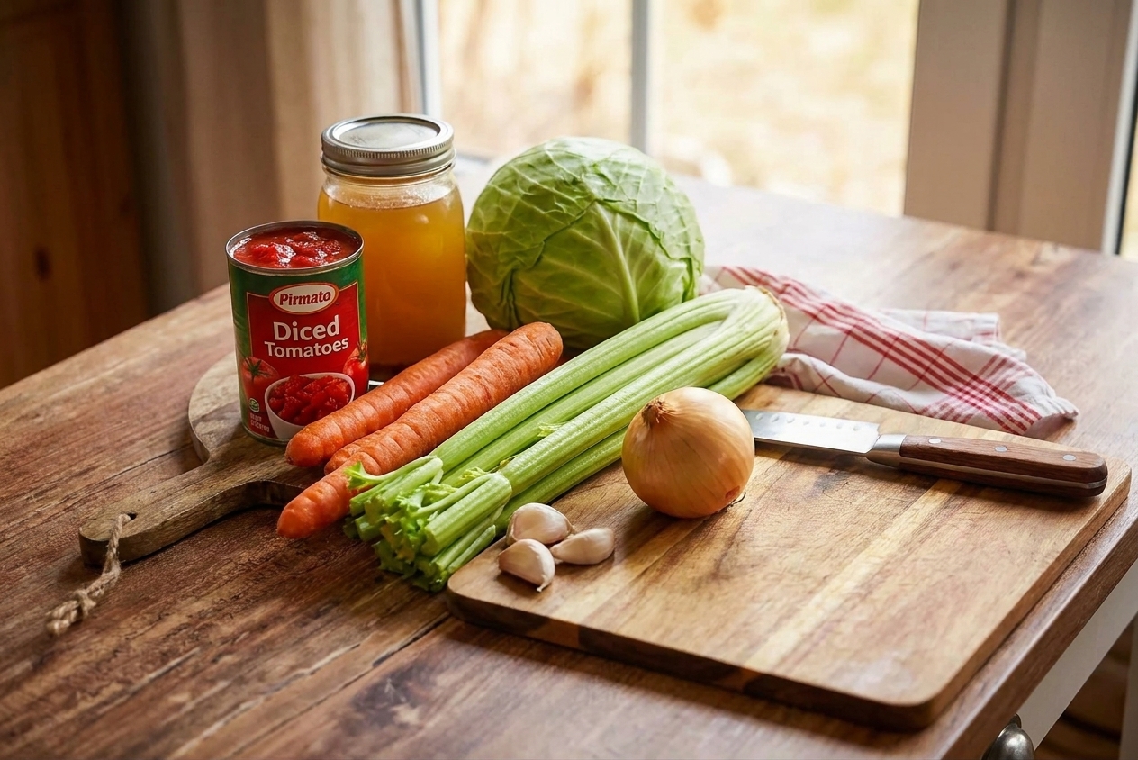 Fresh cabbage, carrots, celery, onion, garlic, canned tomatoes, and broth arranged on a kitchen counter next to a cutting board, consistent warm home kitchen lighting