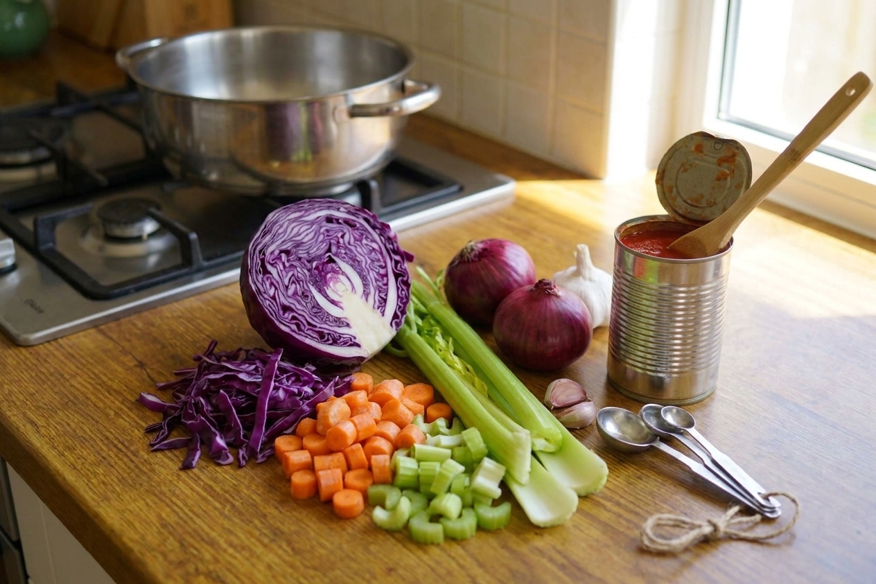 Fresh cabbage, carrots, celery, onions, garlic, and canned tomatoes arranged on a clean kitchen counter next to measuring spoons