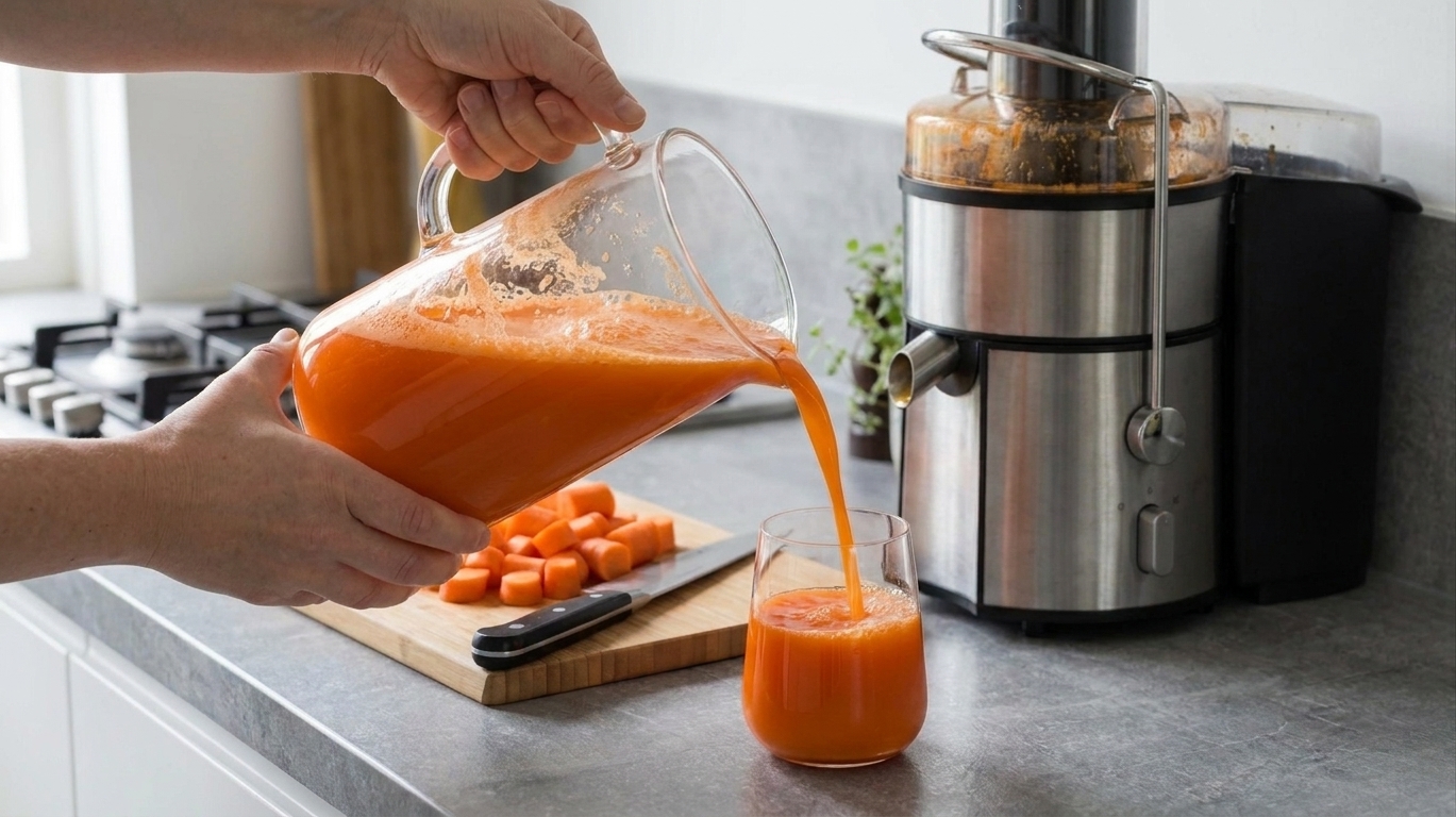 Fresh carrot juice being poured from a pitcher into a clear glass on a stone counter