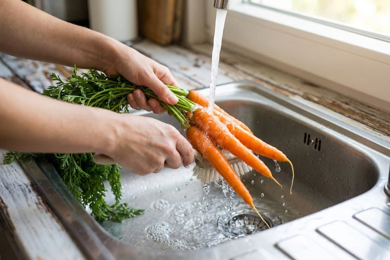 Fresh carrots being scrubbed and rinsed under running water in a stainless steel kitchen sink