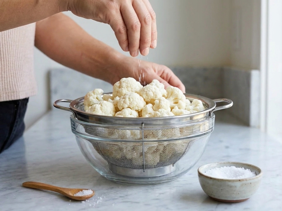 Fresh cauliflower florets sitting in a colander over a bowl, ready to be salted on a kitchen counter