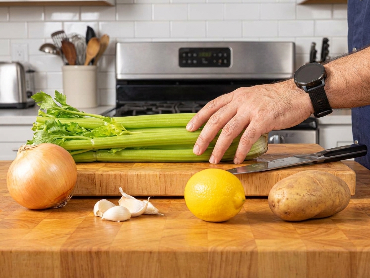Fresh celery stalks, a yellow onion, garlic, lemon, and a potato arranged on a clean kitchen counter with a cutting board and chef's knife
