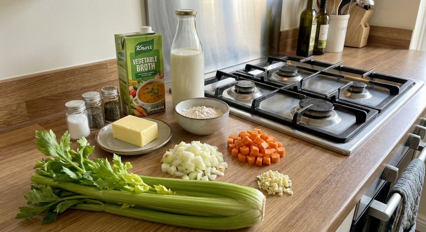 Fresh celery stalks and leaves, a diced onion, diced carrots, minced garlic, butter, flour, broth, milk, and seasonings arranged on a clean kitchen counter