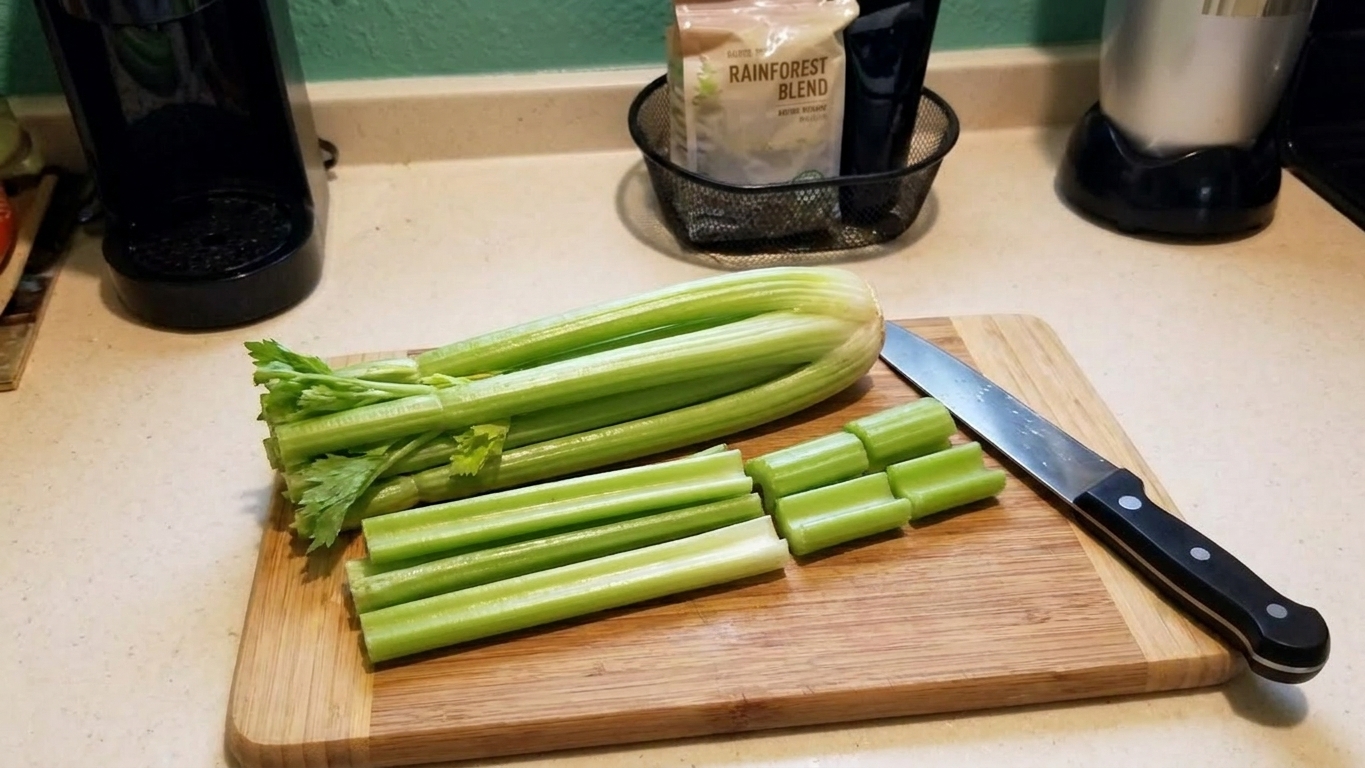 Fresh celery stalks lined up on a cutting board next to a knife on a clean kitchen counter