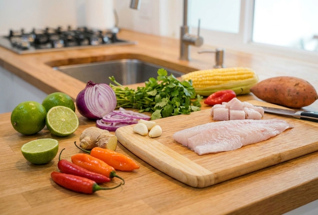 Fresh ceviche ingredients arranged on a clean kitchen counter: limes, red onion, cilantro, aji peppers, ginger, garlic, corn, sweet potato, and a fillet of white fish on a cutting board