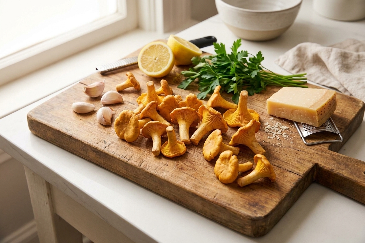 Fresh chanterelle mushrooms scattered on a wooden cutting board with garlic, lemon, parsley, and a wedge of Parmesan on a clean kitchen counter in soft natural light