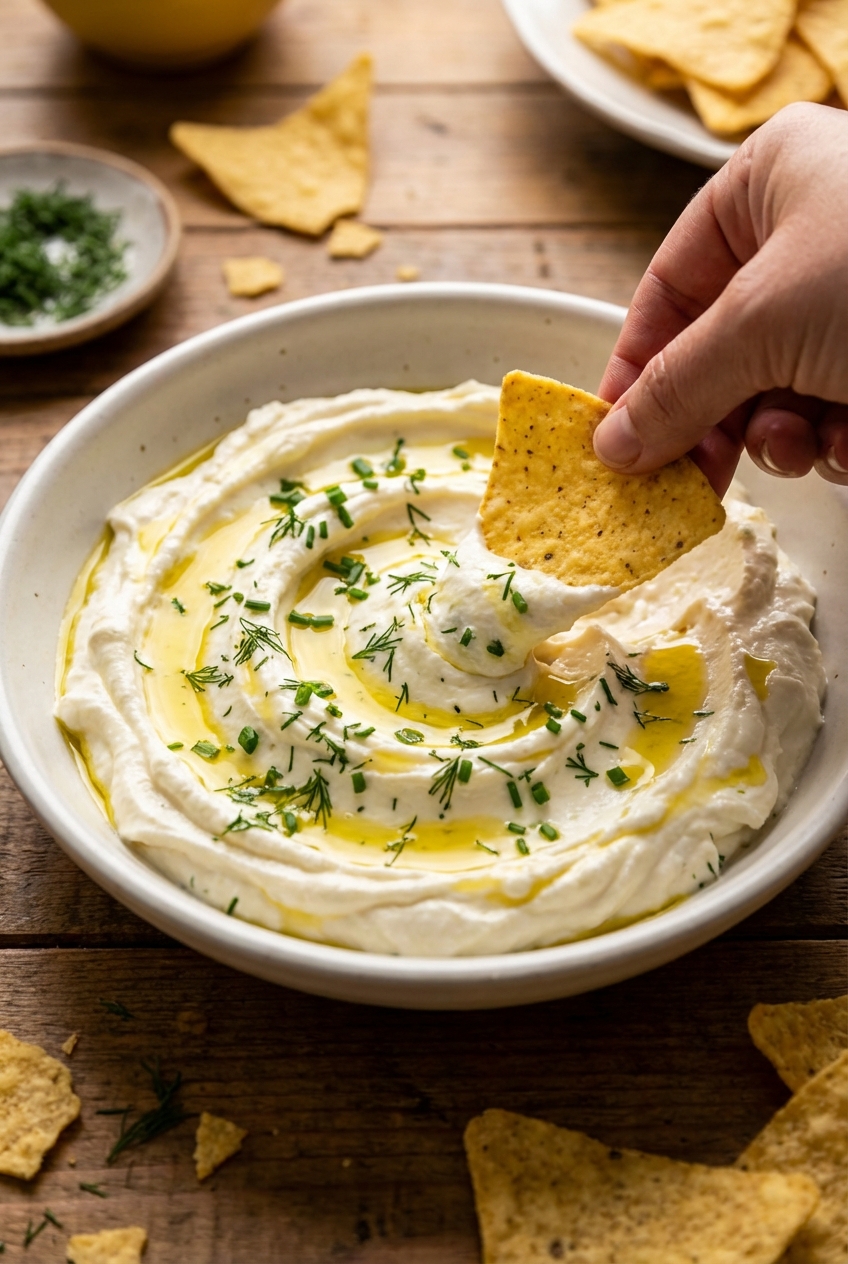Fresh cheese dip in a shallow bowl with a swirled top, olive oil drizzle, and chopped herbs while tortilla chips are being dipped