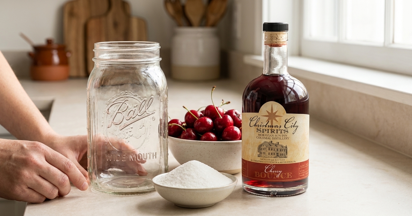 Fresh cherries, granulated sugar, a bottle of bourbon, and a wide-mouth glass jar arranged on a clean kitchen counter with natural light