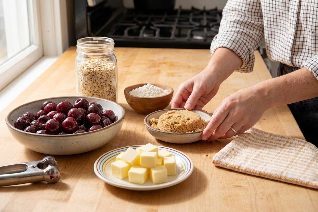 Fresh cherries, rolled oats, flour, brown sugar, and butter arranged on a clean kitchen counter, ready to make cherry crisp