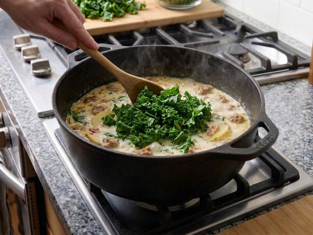 Fresh chopped kale being stirred into a pot of creamy sausage and potato soup