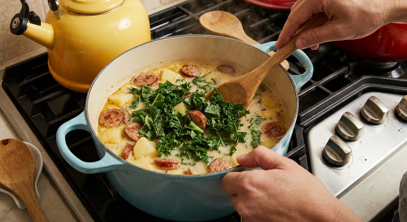 Fresh chopped kale being stirred into a pot of sausage and potato soup with a wooden spoon