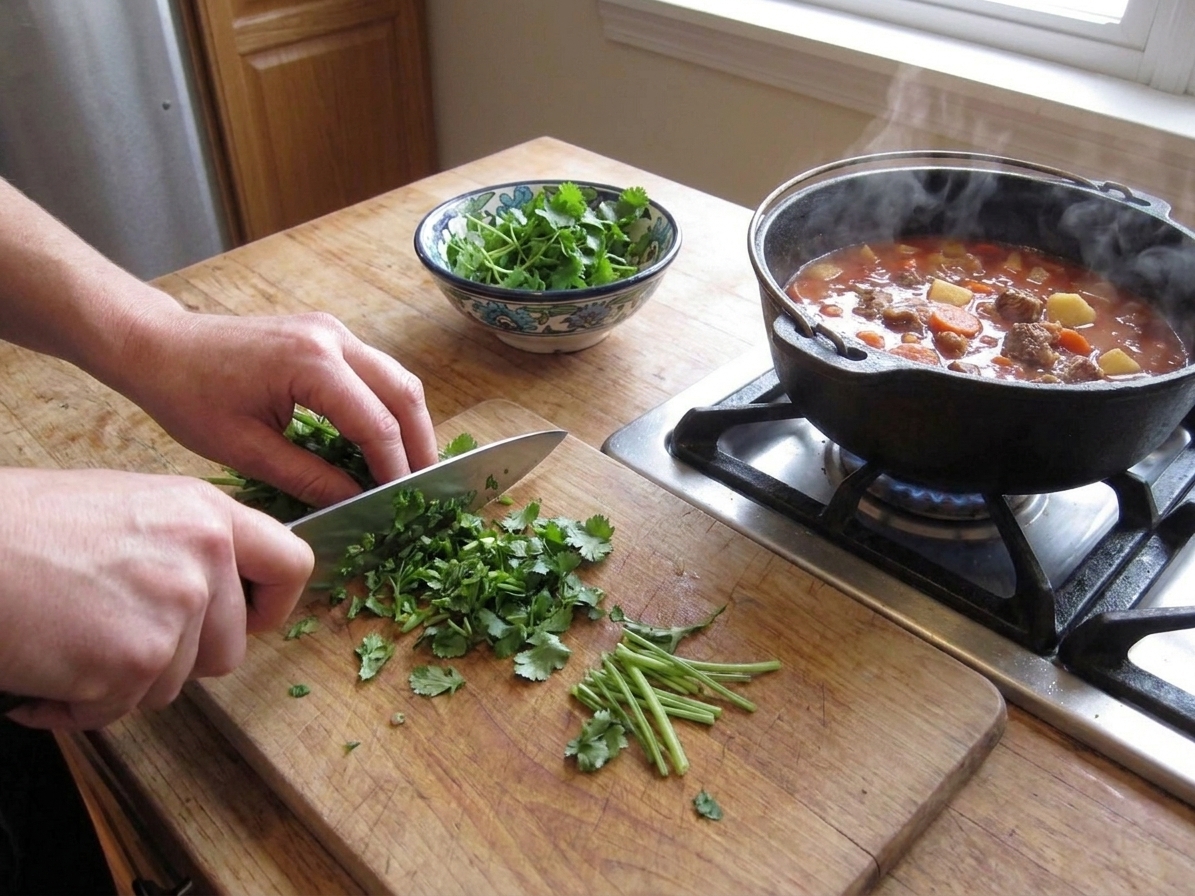 Fresh cilantro being chopped on a wooden cutting board beside a pot of soup on the stove