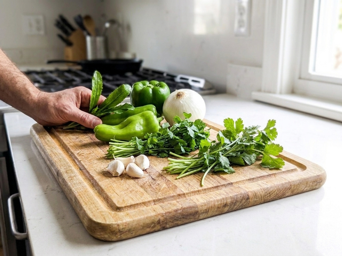 Fresh cilantro, green bell peppers, cubanelle peppers, onion, garlic, and culantro laid out on a cutting board on a bright kitchen counter