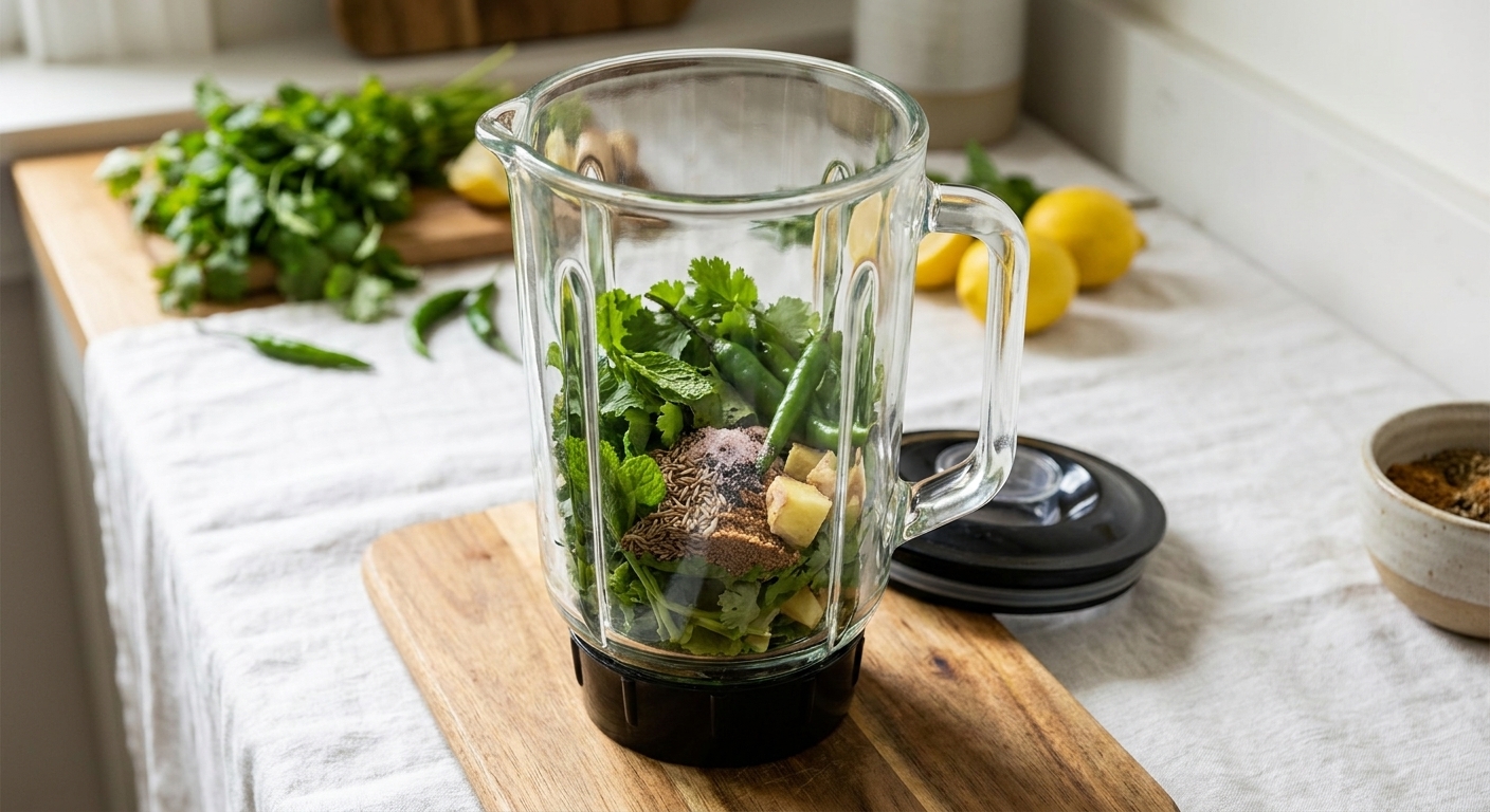Fresh cilantro, mint, green chilies, ginger, and spices in a blender jar ready to be blended into pani on a kitchen counter