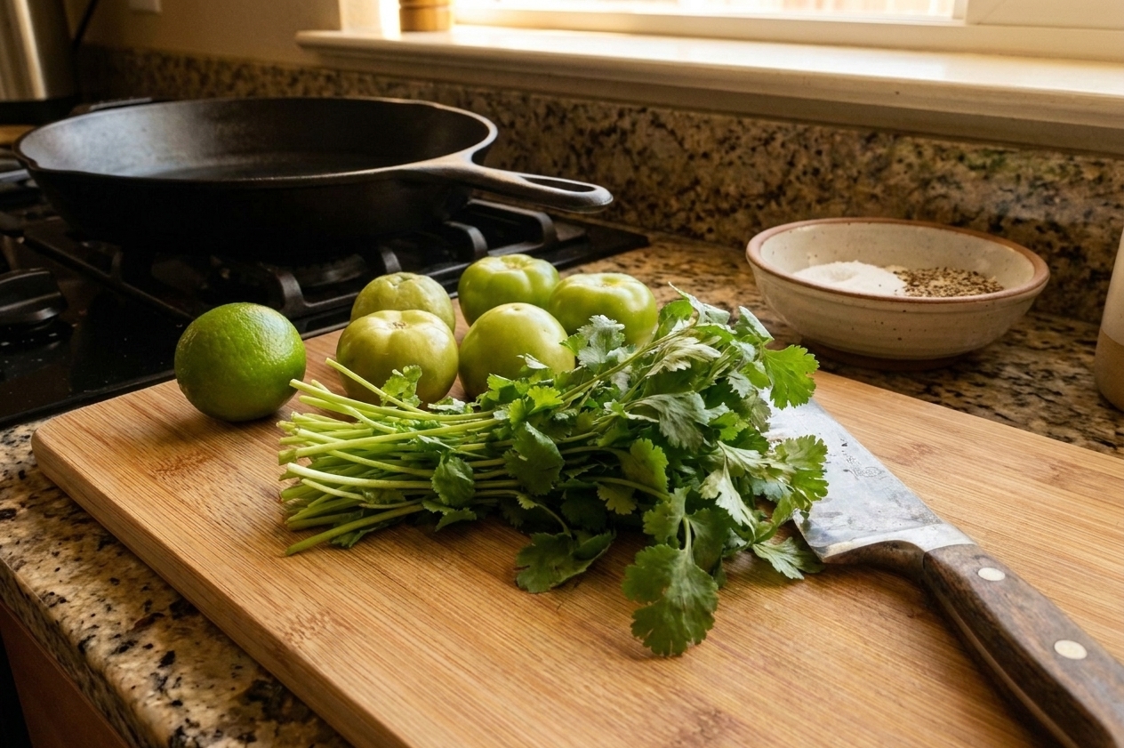 Fresh cilantro on a wooden cutting board next to tomatillos and a lime, ready for chopping