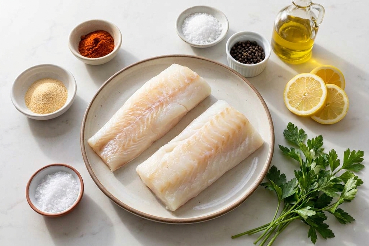 Fresh cod fillets, lemon, olive oil, paprika, garlic powder, salt, pepper, and parsley arranged on a light kitchen counter